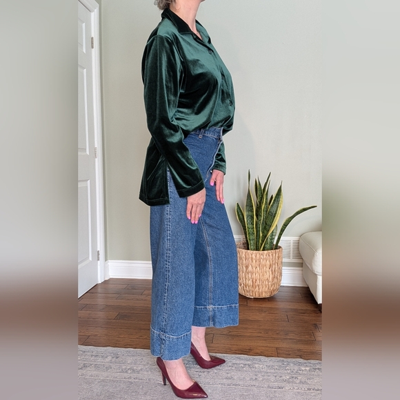 Retro Carol Reed Collection Women's Green Blouse Stretch Velvet Like Button-Up L - Picture 5 of 16